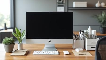 Neatly organized and disinfected commercial office desk with a computer and office supplies