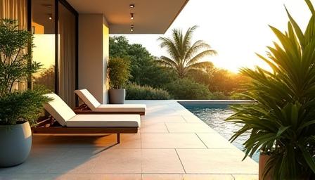 Inviting, clean outdoor patio of a vacation rental home with comfortable seating and lush plants