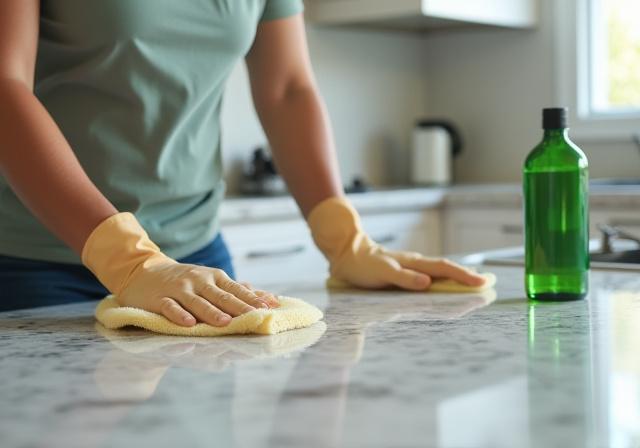 Coconut Cleaning Pro team member wiping down a granite countertop with a green cleaning solution, demonstrating eco-friendly practices